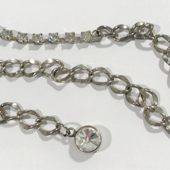 VTG Silver Rhinestone Belt Sash Chain Pave Flower Buckle Metal 60s 70s Formal main image 4
